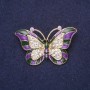 Butterfly Brooch with Purple Enamel and White Rhinestones 45x28mm Yellow Metal