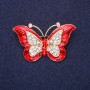 Butterfly Brooch, Red Enamel, White Rhinestones, Yellow Metal, 45x28mm