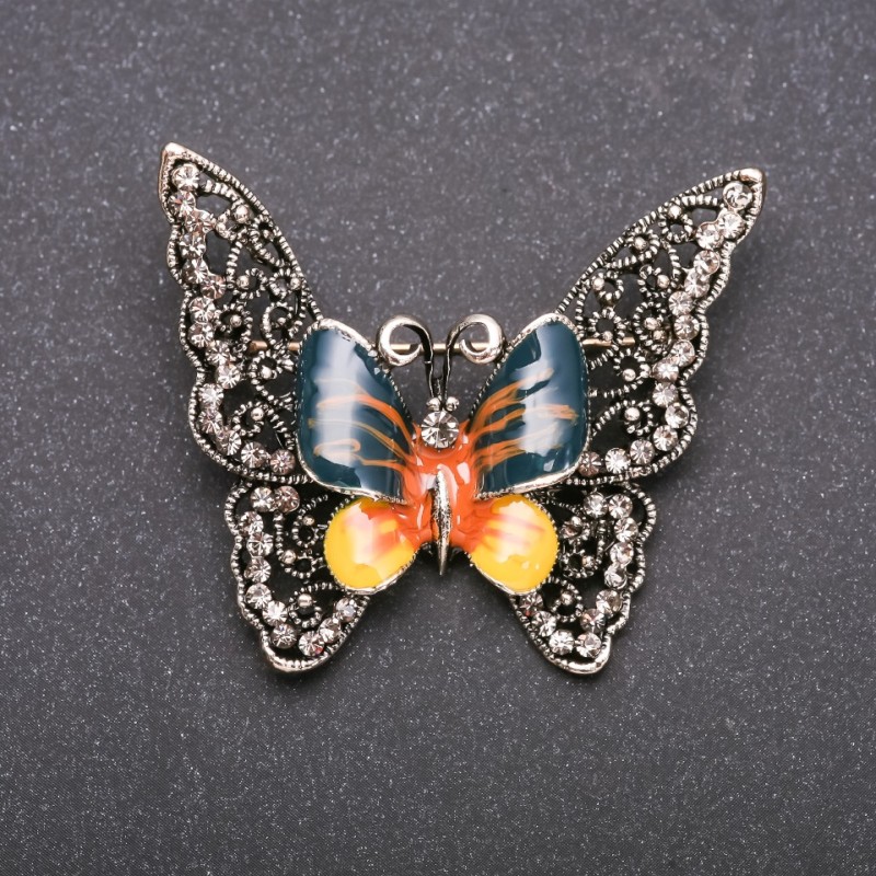 Butterfly Brooch, Openwork, Yellow and Green Enamel, Grey Metal, 50x40mm