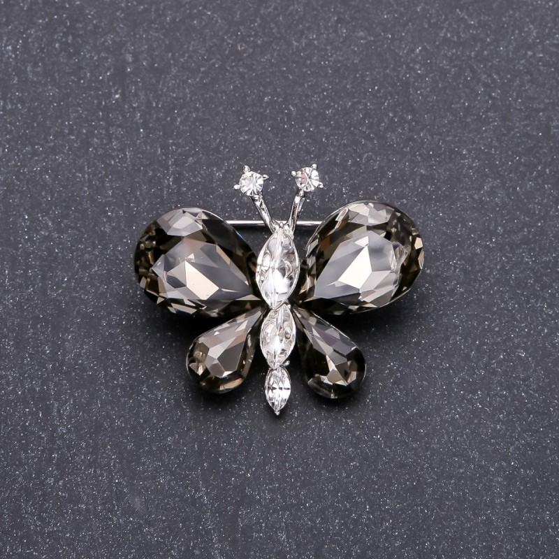 Butterfly Brooch with Grey Crystals, White Metal, 36x30mm