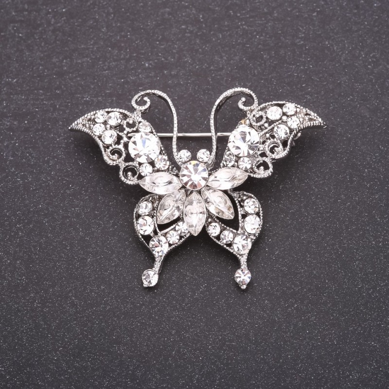 Butterfly Brooch with White Rhinestones 40x50mm White Metal