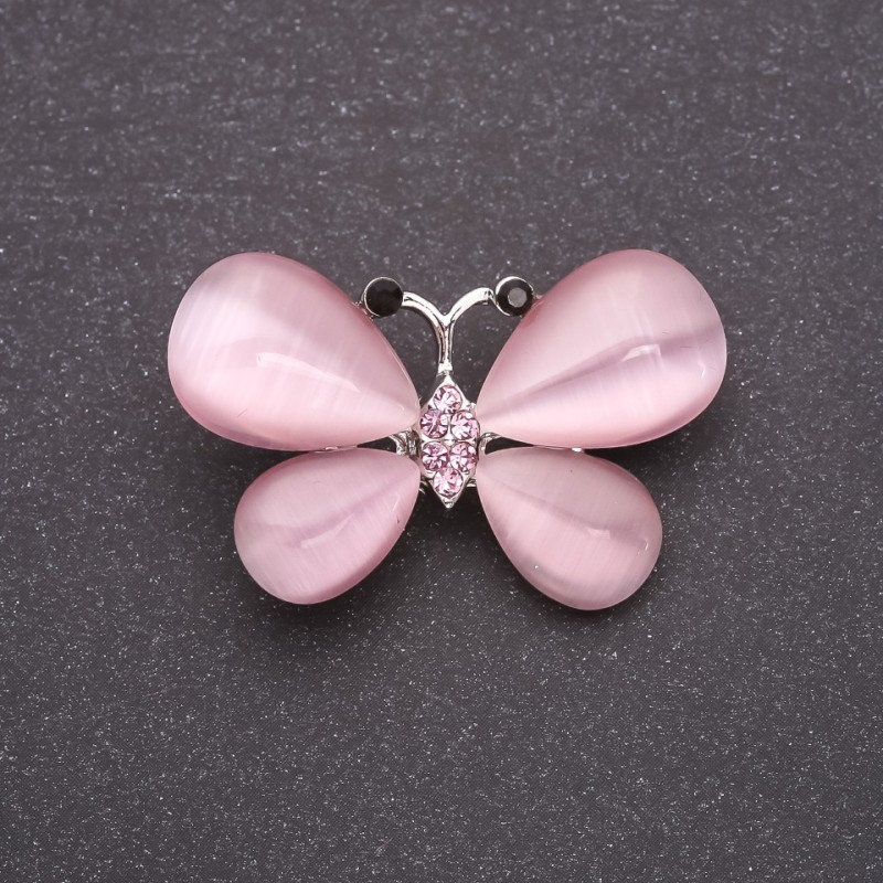 Brooch Butterfly with Natural Stone Cat's Eye Pink 37x25mm Silver Metal