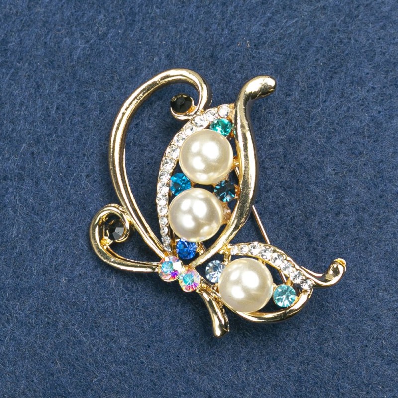 Brooch Butterflies with Beads and Crystals, golden metal 46×40mm