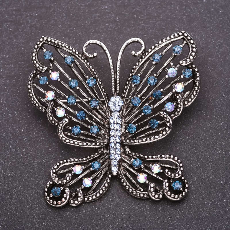 Butterfly Brooch with Blue Rhinestones 53x54mm Grey Metal