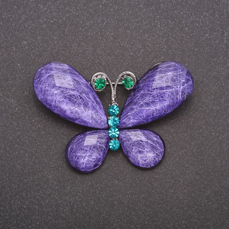 Brooch with a purple aquarium-effect Butterfly, grey metal 34x54mm