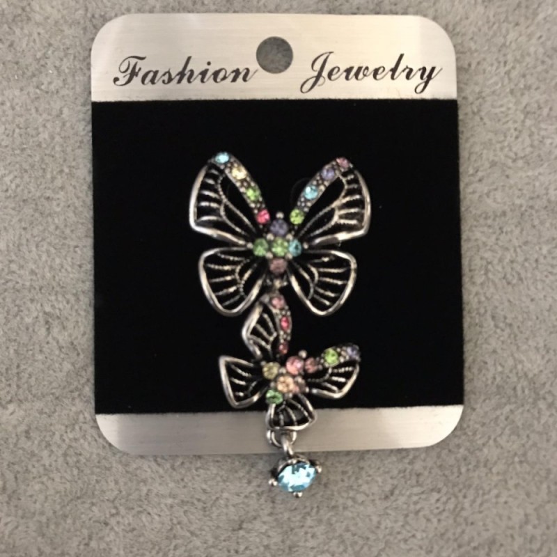 Butterfly Brooch with multicoloured crystals 28×48, silver-toned metal