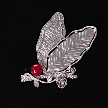 Brooch 'Lingonberry in Cranberry Leaves' in Silvered Metal and Crystals 65x30mm +