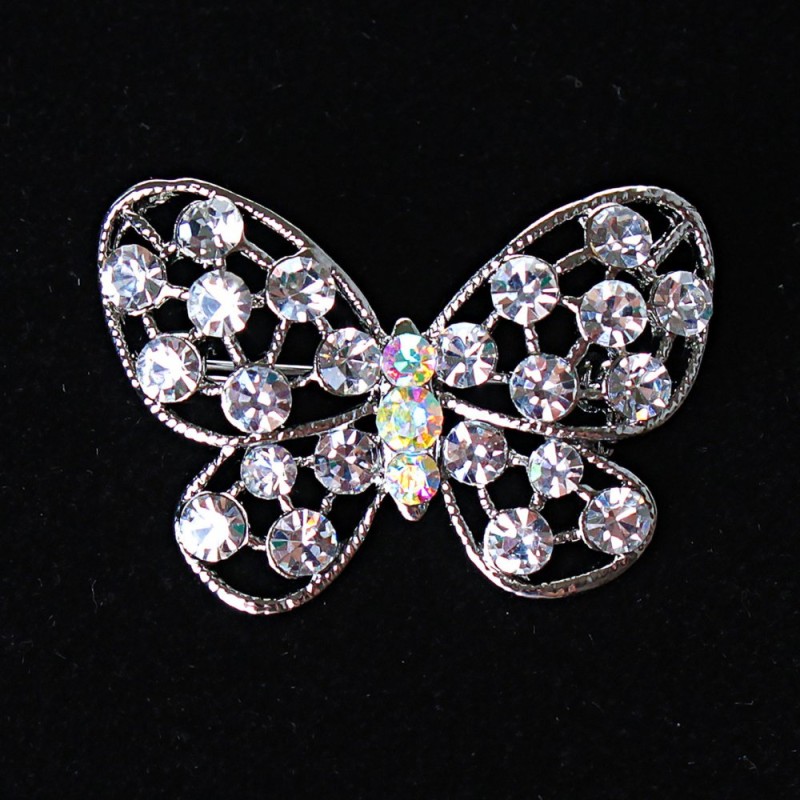 Brooch Butterfly with Silvery Shine metal and rhinestones 35x20mm +