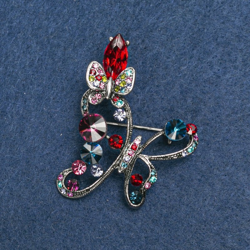Brooch Butterfly silver-toned metal and crystals 50mm +