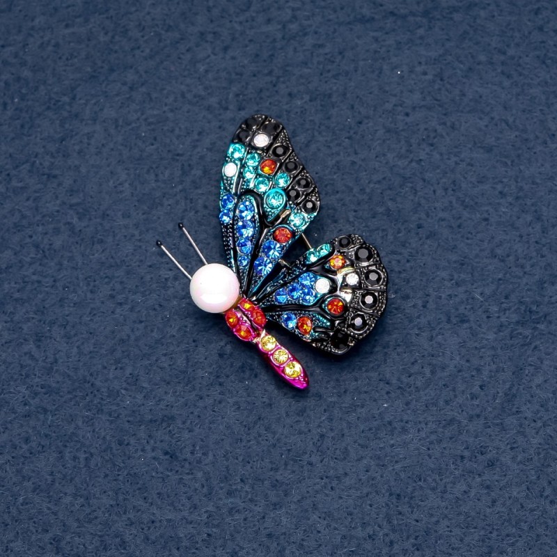 Brooch "Butterfly" multicoloured crystals 40x33mm insect series metal colour "silver"
