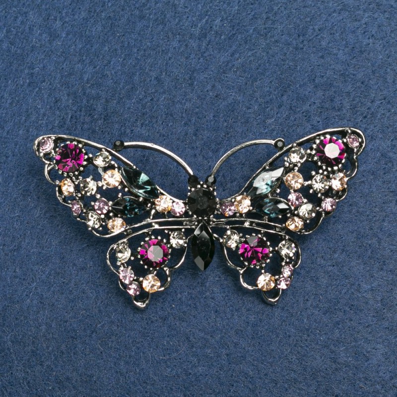 Butterfly Brooch Multicoloured Rhinestones Silver-Tone Metal 70x39mm