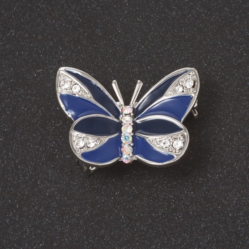 Butterfly Brooch Blue Enamel White Rhinestones Silver Metal Colour 2.7cm