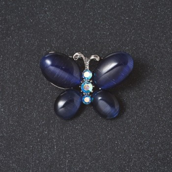 Brooch "Butterfly" blue cat's eye stone metal color "silver" 2cm