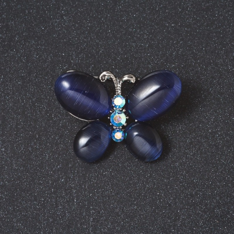 Brooch "Butterfly" blue cat's eye stone metal color "silver" 2cm