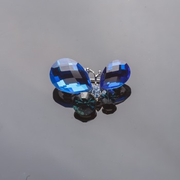 Brooch "Butterfly" 2.5×3 cm silvered, blue crystals
