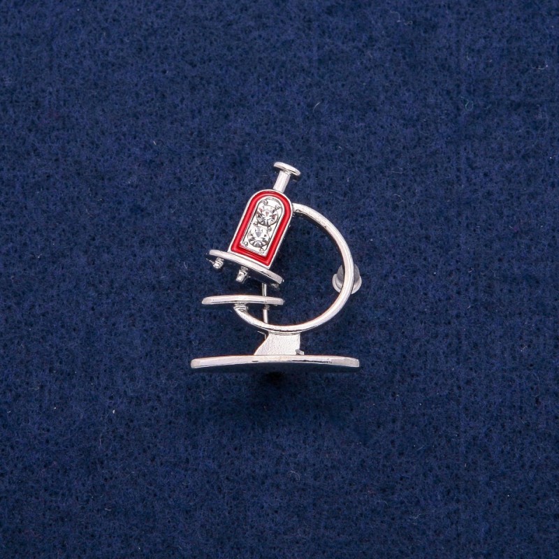 Microscope Brooch with Enamel and Rhinestones 24x31mm, silver-tone metal