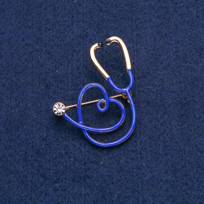Blue Stethoscope with Heart Brooch, white stone, golden metal 43×33mm