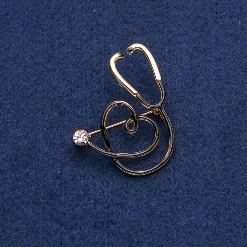 Black Stethoscope Brooch with Heart, White Stone, Gold-Tone Metal 43x33mm