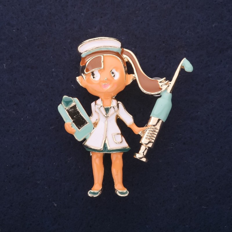 Doctor Brooch with White and Light Blue Enamel, 45x35mm, Gold-Tone Metal