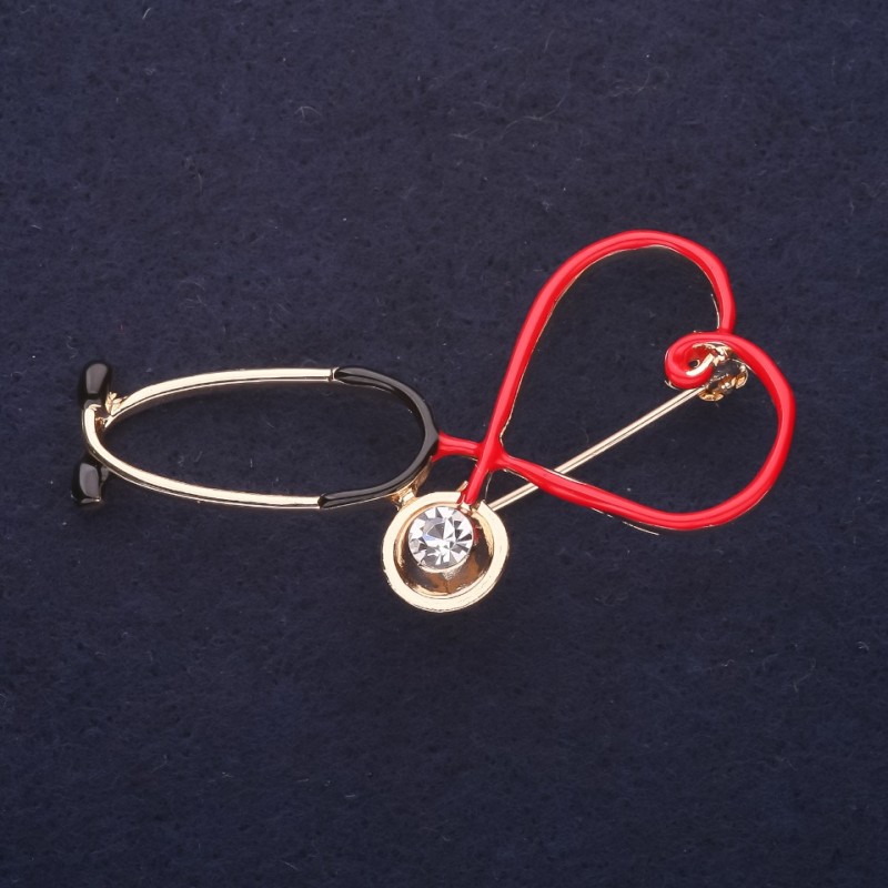 Stethoscope Brooch with Rhinestones and Enamel, Red Black White, 24x25mm, Gold-Tone Metal