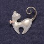 Brooch Cat with Pink Bow, Silver Enamel, Silvered Metal 39x37mm +