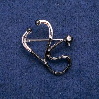 Brooch 'Stethoscope' with white crystal, black enamel, 33x29 mm, silver metal