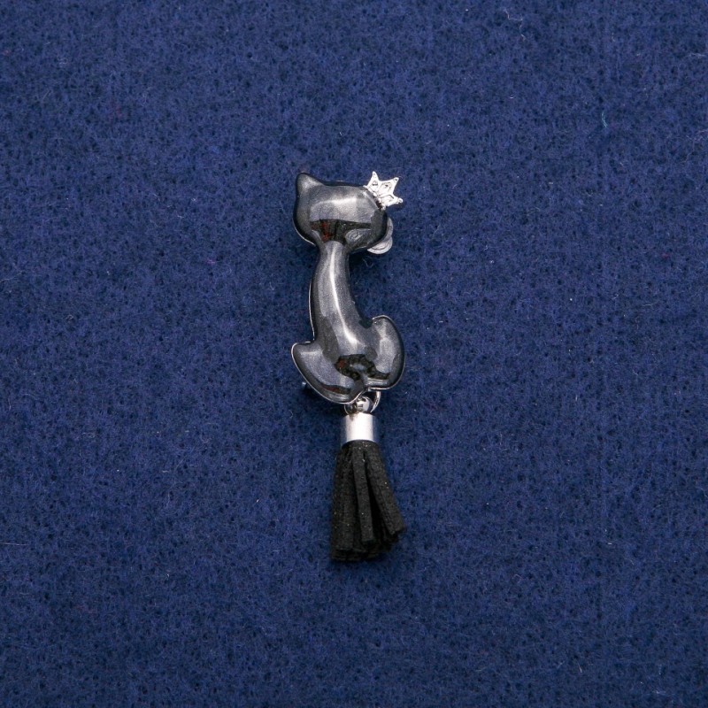 Brooch Cat with Enamel and Paintbrush Tail, Silver-Coloured Metal