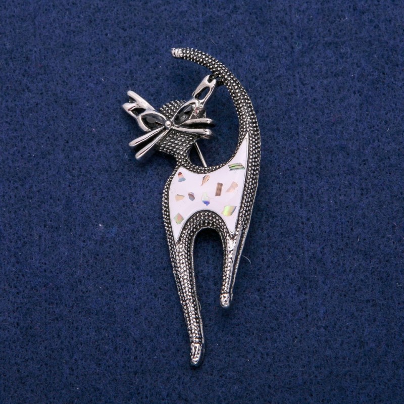 Cat Brooch with Enamel, Abalone and Crystals 30x73mm, Silver-Tone Metal