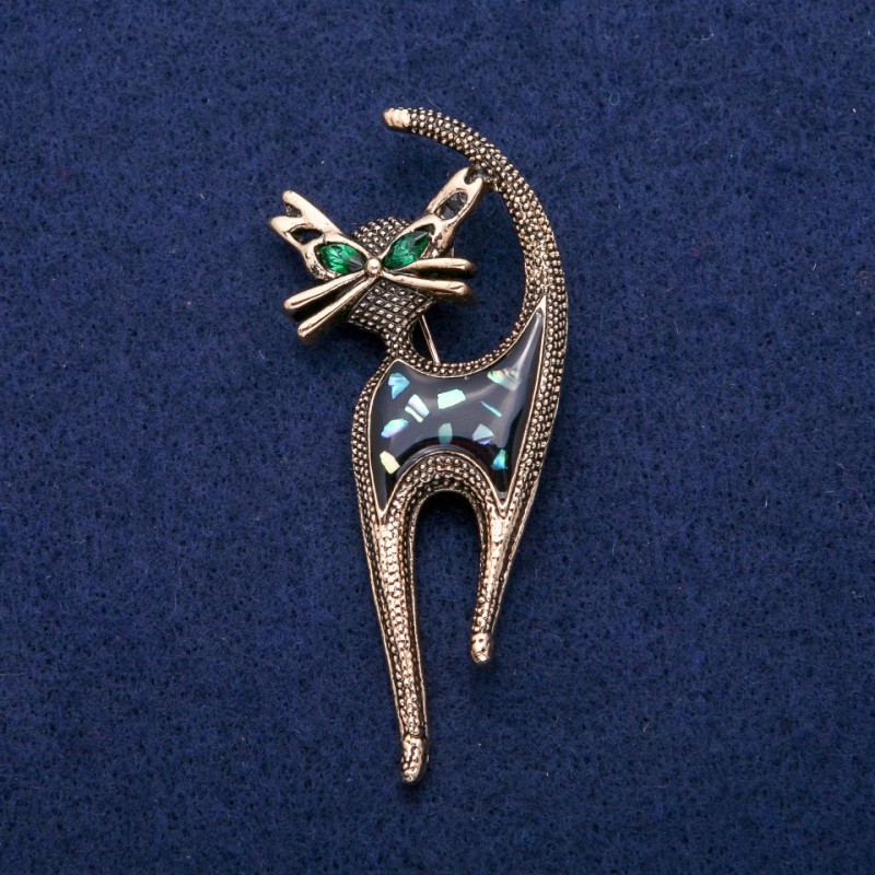 Cat Brooch with Enamel, Abalone and Crystals 30x73mm, Gold-Tone Metal