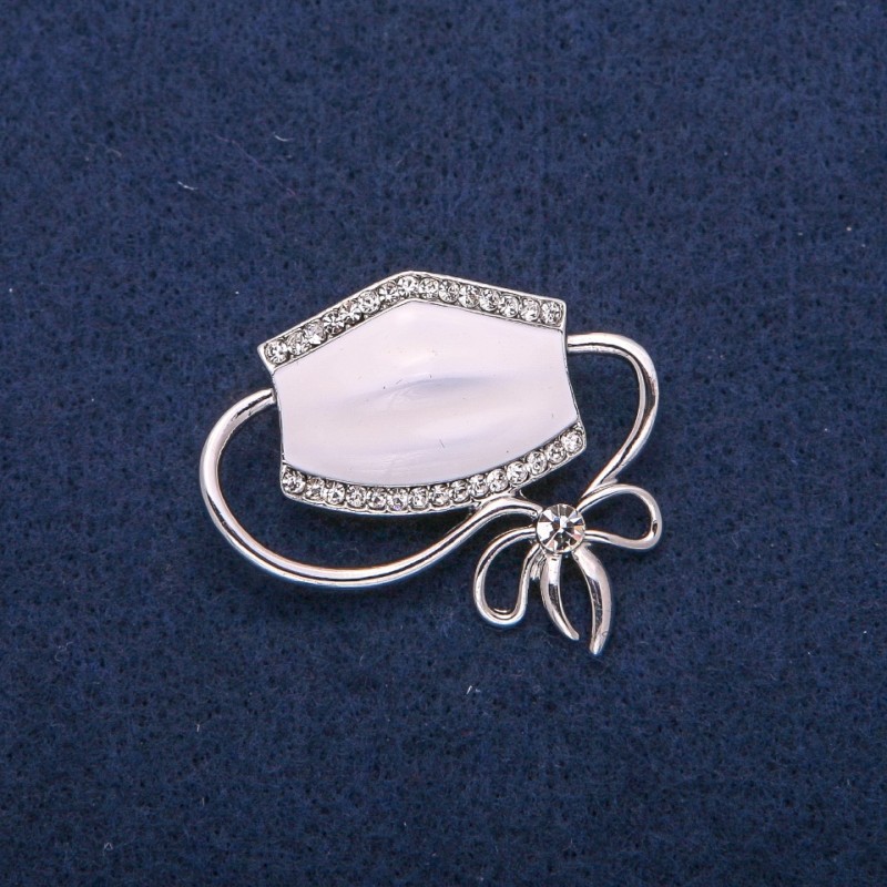 Brooch Pendant Mask White Enamel and Crystals, Silver Metal 37x41mm