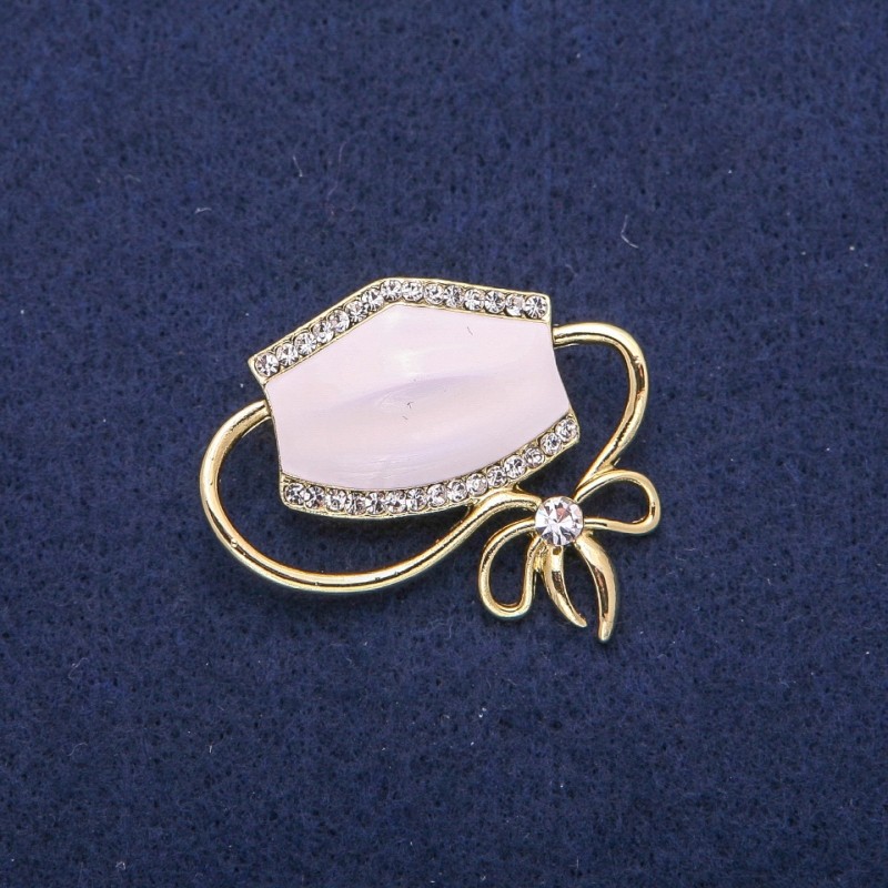 Brooch Pendant Mask White enamel and crystals, gold-tone metal 37×41mm