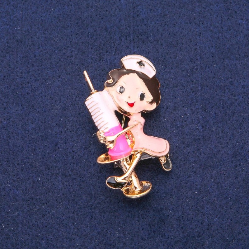 Nurse Brooch Multicolor Enamel, Gold-tone Metal 27x44mm