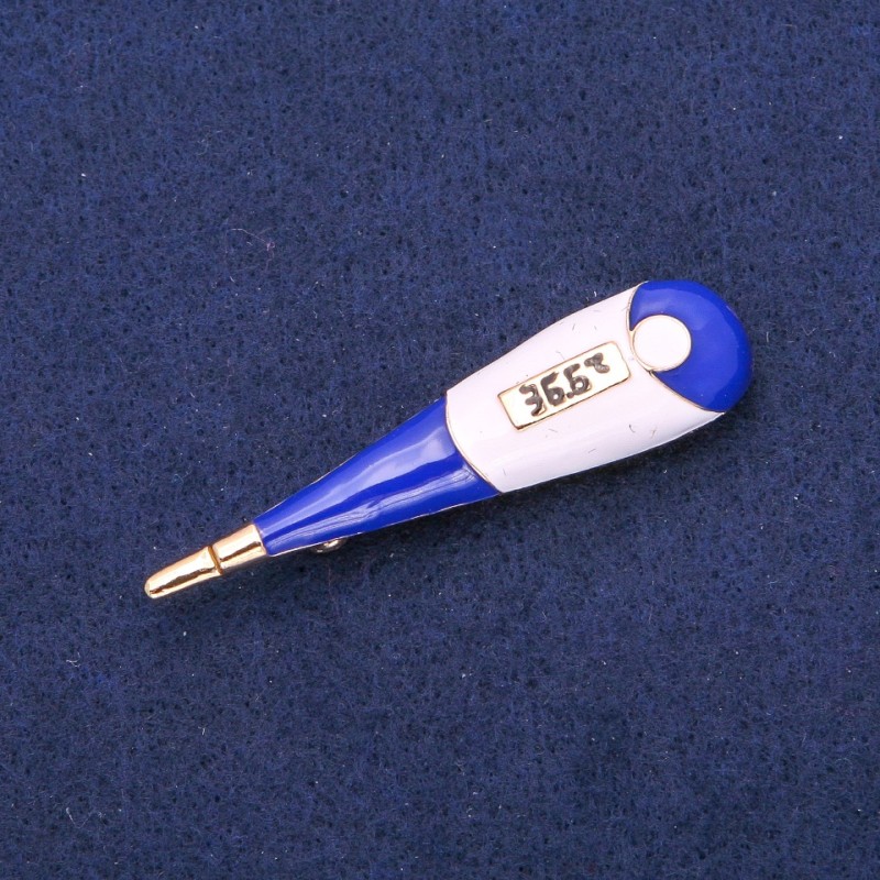 Brooch Pendant Thermometer blue and white enamel, golden metal 15x58mm