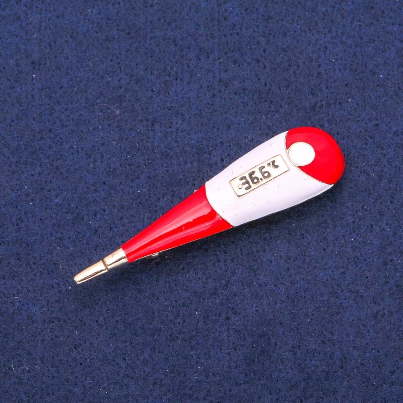 Brooch Pendant Thermometer red and white enamel, golden metal 15x58mm