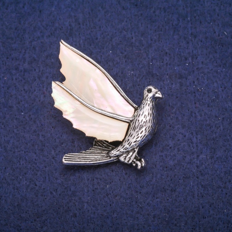 Bird Brooch with Mother-of-Pearl Inlay, Silver-Tone Metal 38x48mm
