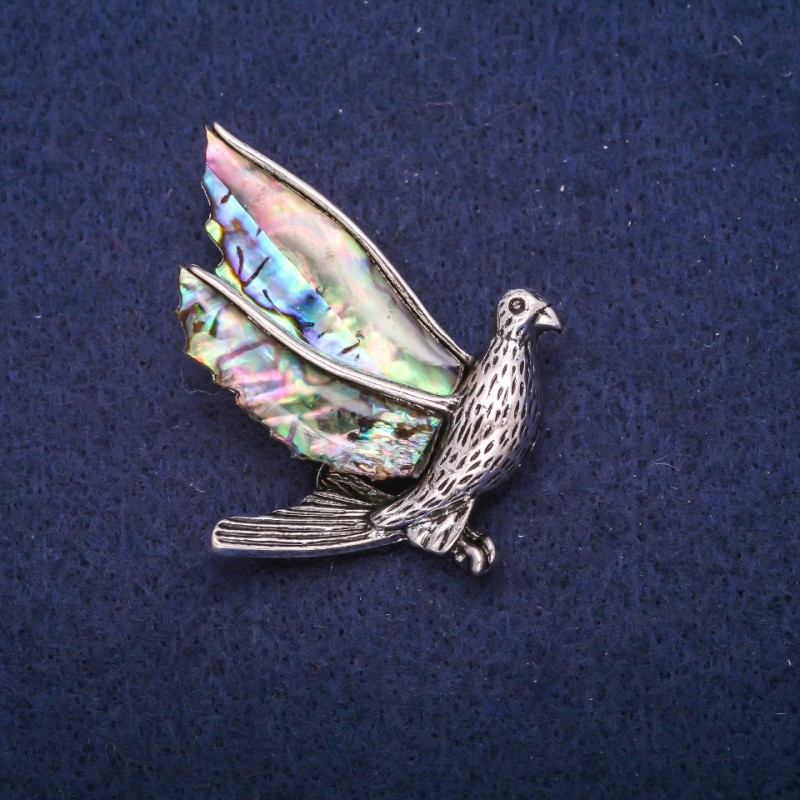 Bird Brooch with Abalone Inlay, Silver-Tone Metal 38x48mm