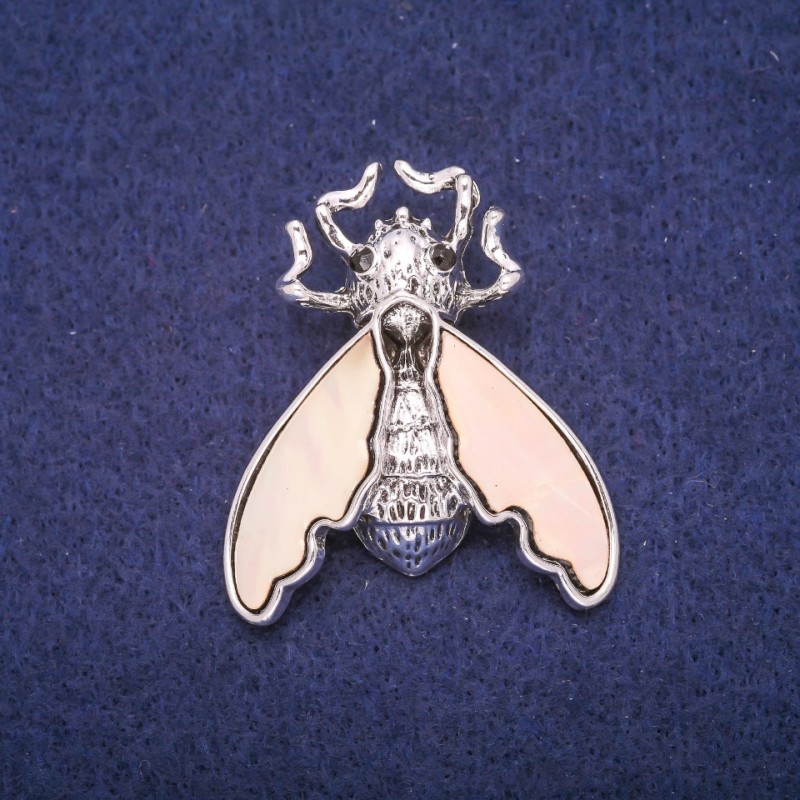Butterfly Brooch with Mother-of-Pearl Inlay, Silver-Tone Metal 37x44mm