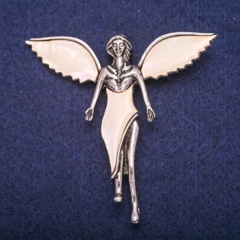 Brooch Angel with Mother of Pearl Inlay, Silver-Coloured Metal 59x60mm
