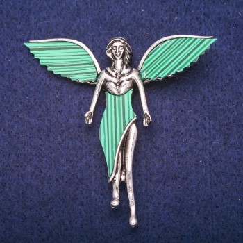 Angel Brooch with Malachite (pressed) insert, silver-tone metal 59×60mm