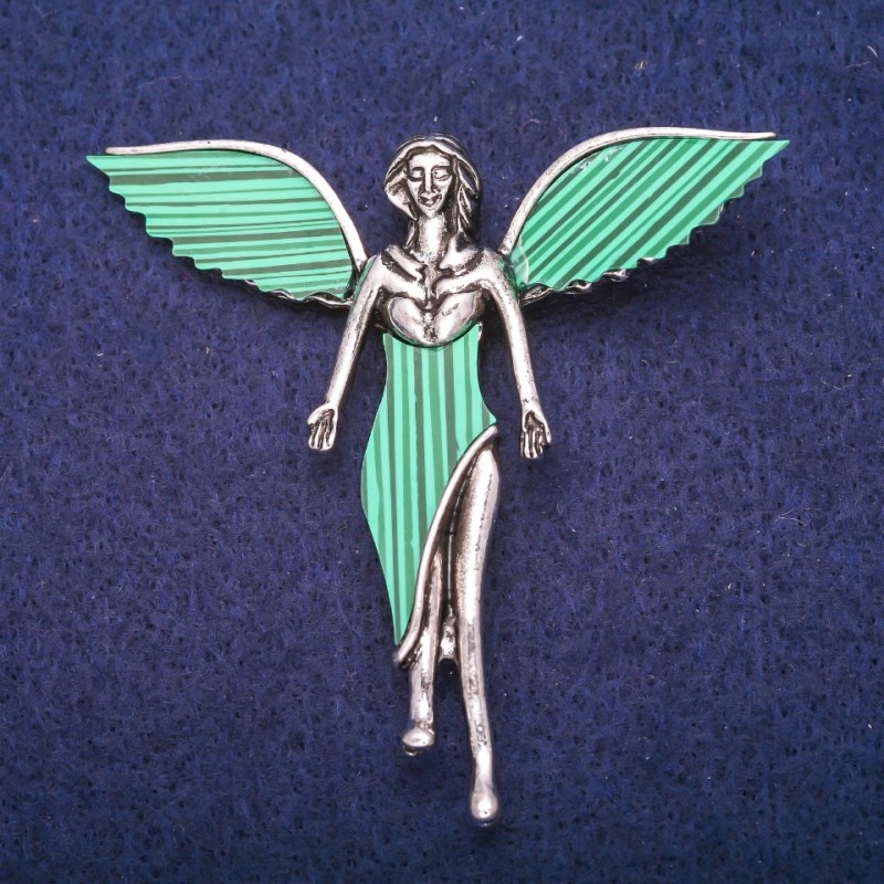 Angel Brooch with Malachite (pressed) insert, silver-tone metal 59×60mm