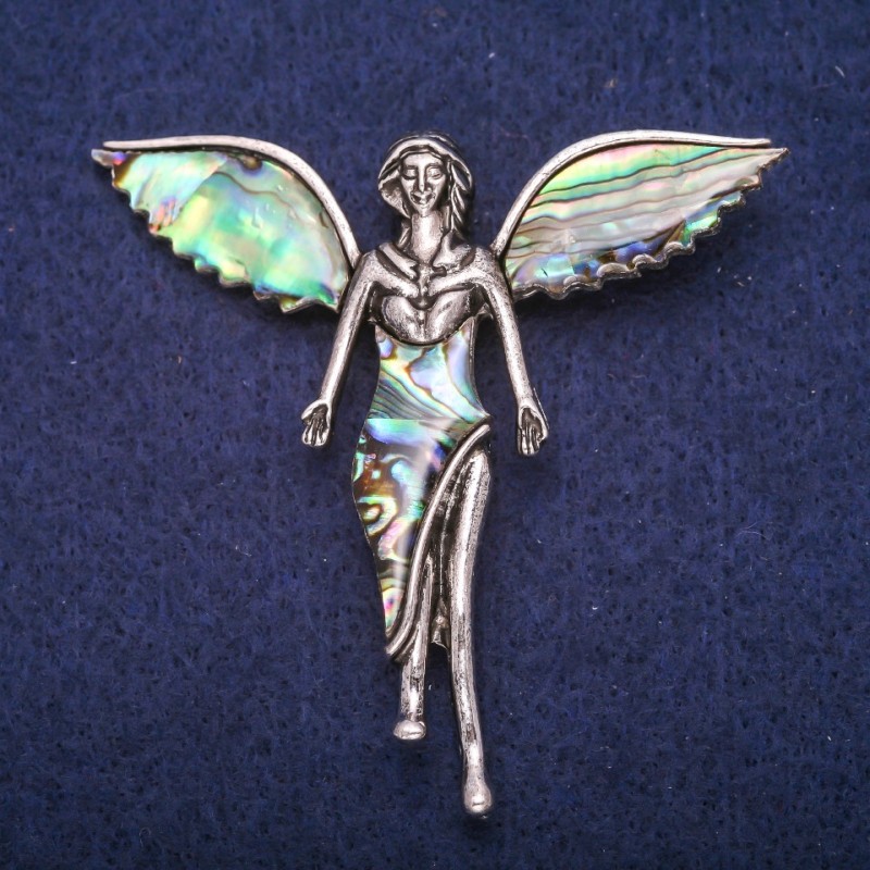 Brooch Angel with Chalcedony inlay, silver-toned metal 59x60mm
