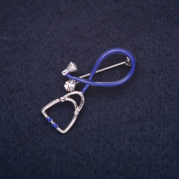 Brooch 'Stethoscope' 37×20mm enamel crystals blue white silver-tone metal