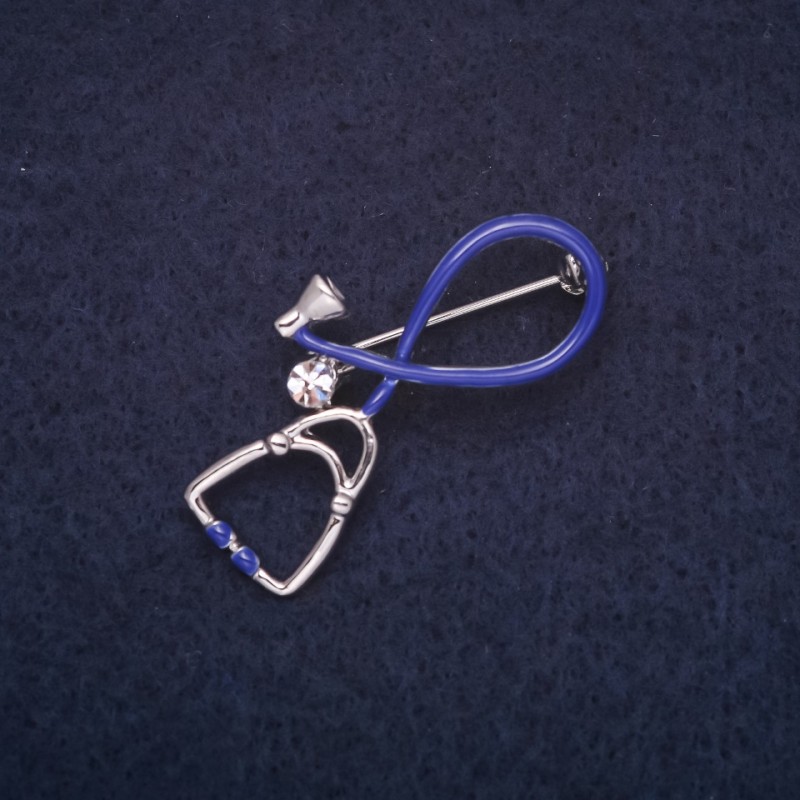 Brooch 'Stethoscope' 37×20mm enamel crystals blue white silver-tone metal