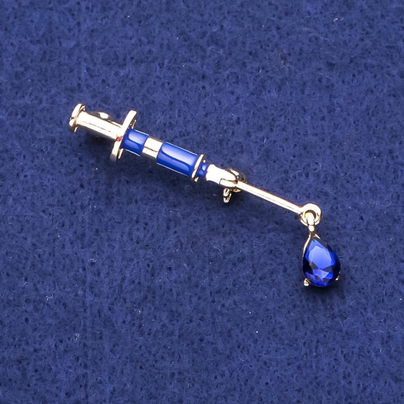 Syringe Brooch, Blue Crystal, Gold-Tone Metal 10x45mm