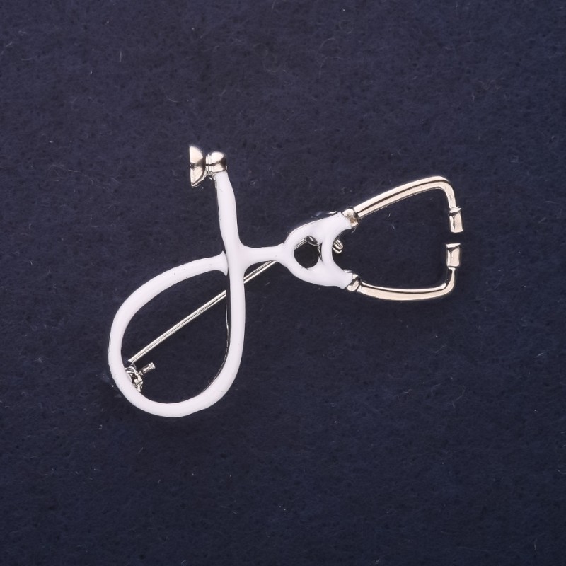 Stethoscope Brooch, White Enamel 44x30mm, Silver-Tone Metal