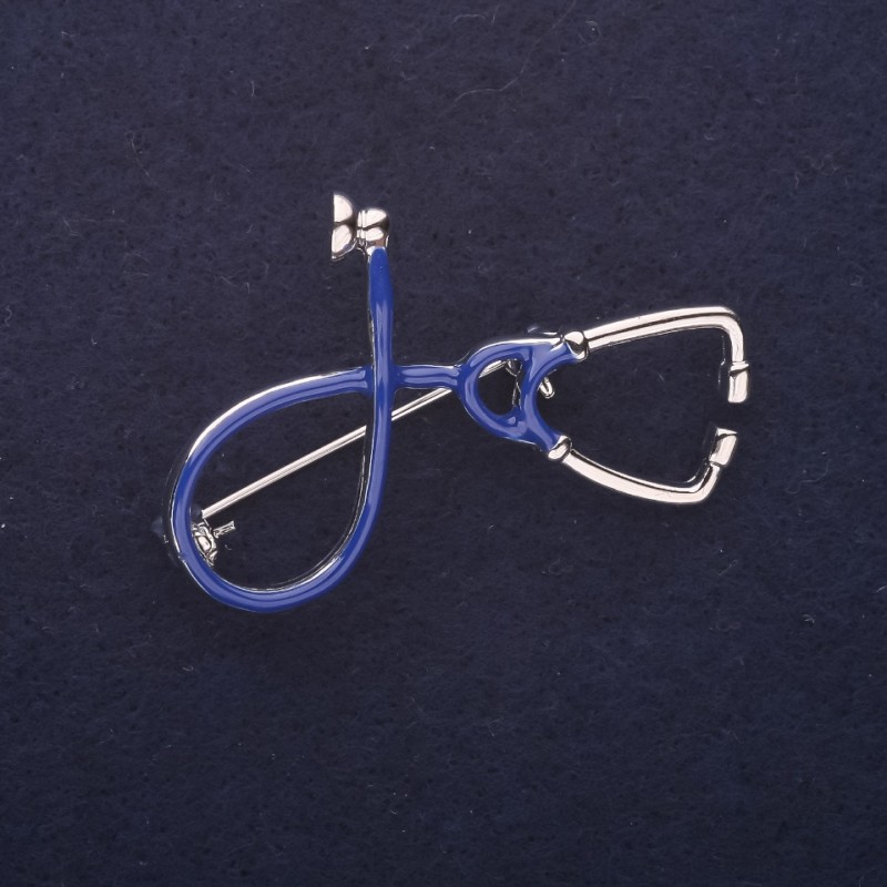 Stethoscope Brooch, Blue Enamel 44x30mm, Silver-Tone Metal