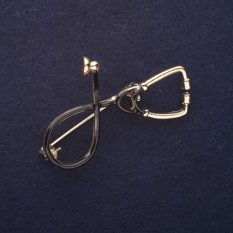 Stethoscope Brooch, Black Enamel 44x30mm, Gold-Tone Metal