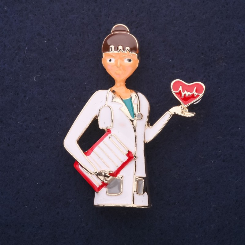 Doctor Brooch, White and Red Enamel, 50x38mm, Gold-Tone Metal