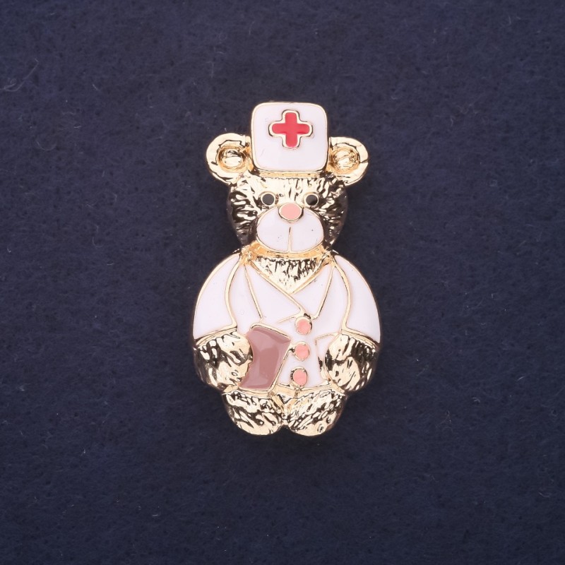 Doctor Bear Brooch, White and Red Enamel, 40x22mm, Gold-Tone Metal