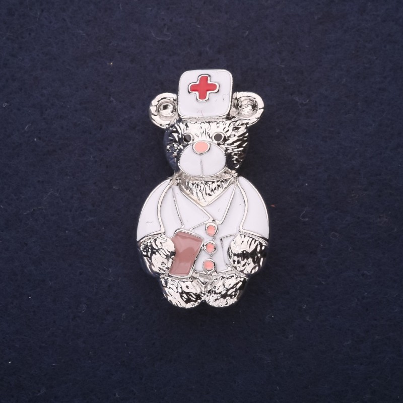 Teddy Bear Doctor Brooch, White & Red Enamel 40x22mm, Silver-Tone Metal